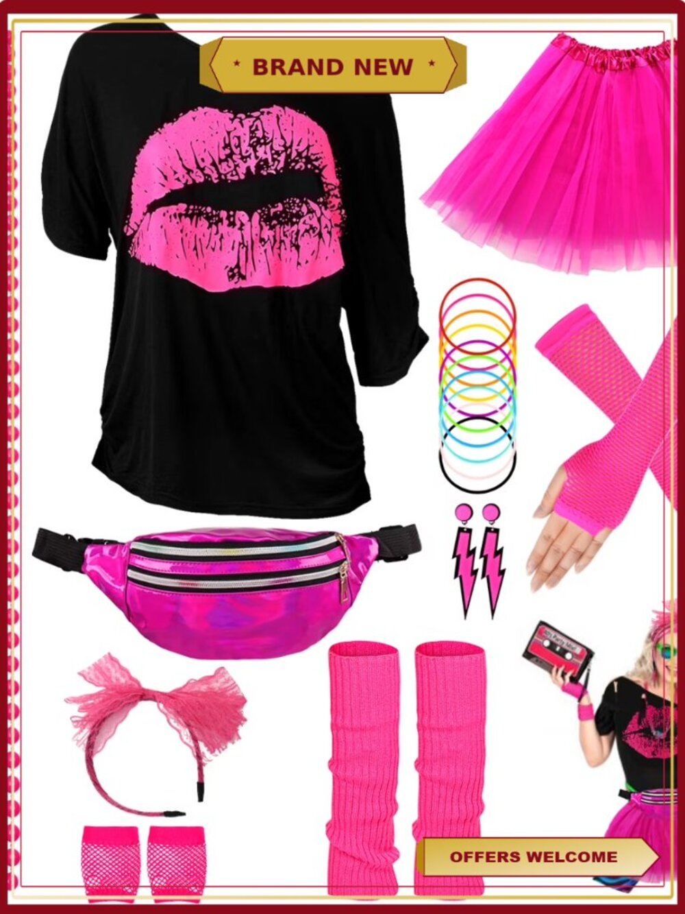 80s Costume Accessories Set for Women Party w/ Tutu, Leg Warmers, Fishnet Gloves